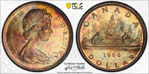 C075 カナダ「ラージビーズ」ドル 1966年 PCGS MS62. KM64.1. ラージビーズ各種。