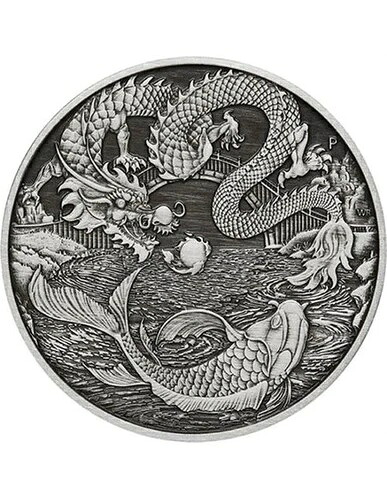 ドラゴン＆コイ 中国神話と伝説 アンティーク 1オンス 銀貨 1ドル オーストラリア 2023年