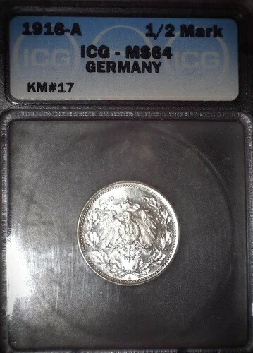 1916A ドイツ銀貨 1/2マルク、ICG MS64、非常に美しいコイン、発行フリー