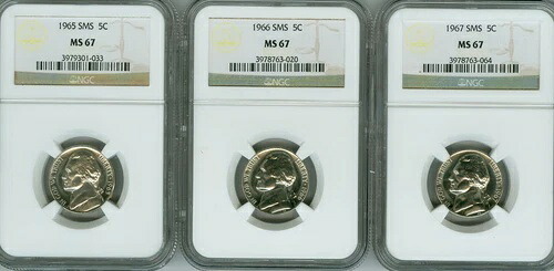 1965 1966 1967 SMS NGC MS67ジェファーソン ニッケル 5セント 3枚セット、プルーフライクラスター