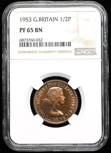 イギリス 1953年 エリザベス2世戴冠式 プルーフ ハーフペニー NGC PF65 BN
