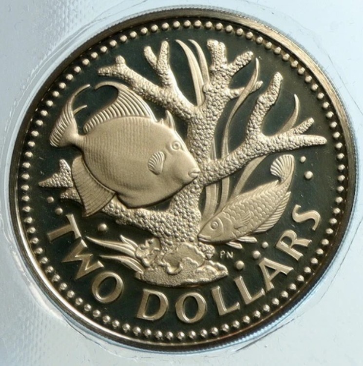 1973年 バルバドス スタッグホーン コーラル＆フィッシュ ヴィンテージ アンティーク プルーフ 2ドルコイン i103211