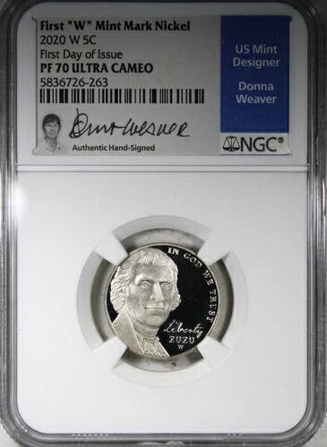 2020-W プルーフ ジェファーソンニッケル NGC PR70 ウルトラカメオ FDOI ドナ・ウィーバー サイン入り