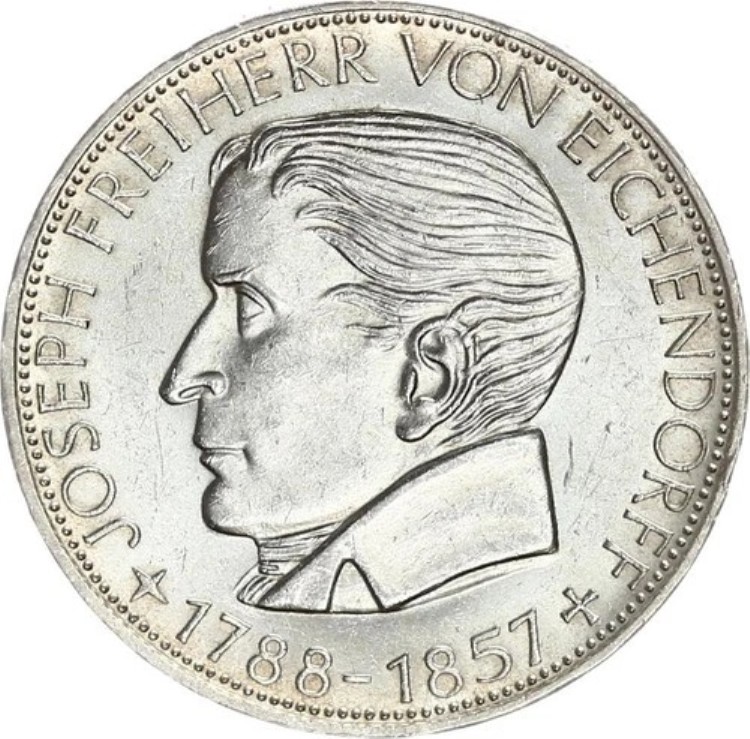 ドイツ連邦共和国記念コイン 5 DM 1957 J Freiherr von Eichendorff シルバー XF+/UNC。 J 391-｜WORLD RESOURCE【KING店】