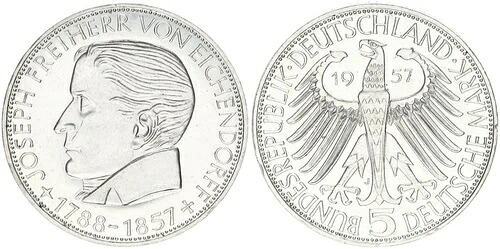 ドイツ 5マルク 1957 J アイヒェンドルフ記念コイン * ほぼ新品 70181-｜WORLD RESOURCE【KING店】