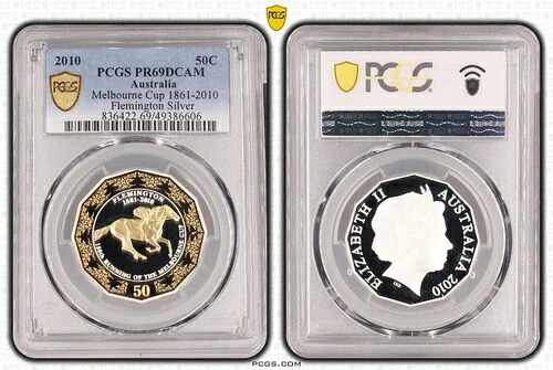 オーストラリア 2010 メルボルン カップ フレミントン 50 セント シルバー ギルト プルーフ コイン PCGS PR69 ...