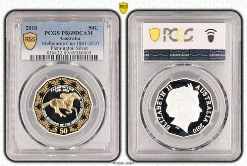 オーストラリア 2010 メルボルン カップ フレミントン 50 セント シルバー ギルト プルーフ コイン PCGS PR69 ...