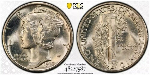 1939-D マーキュリーダイム PCGS MS65FB