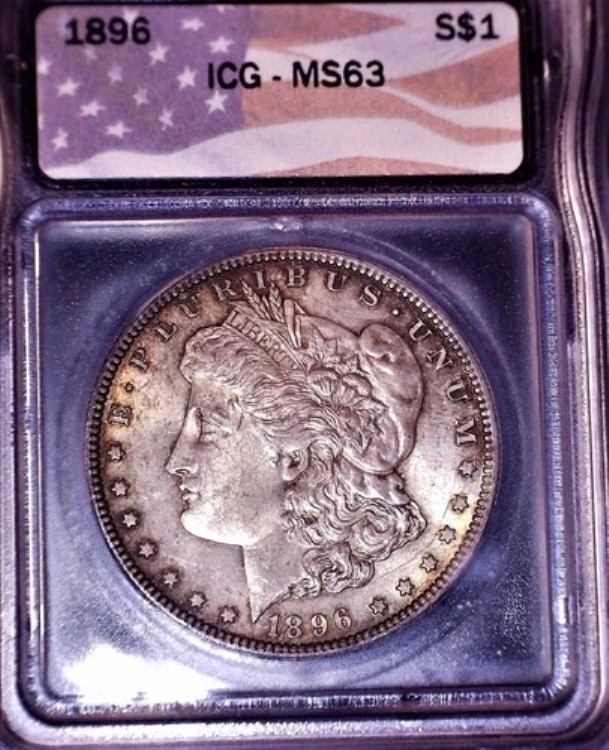 1896年モルガン銀貨、ICG MS63。美しい色合いで、発行年不明。