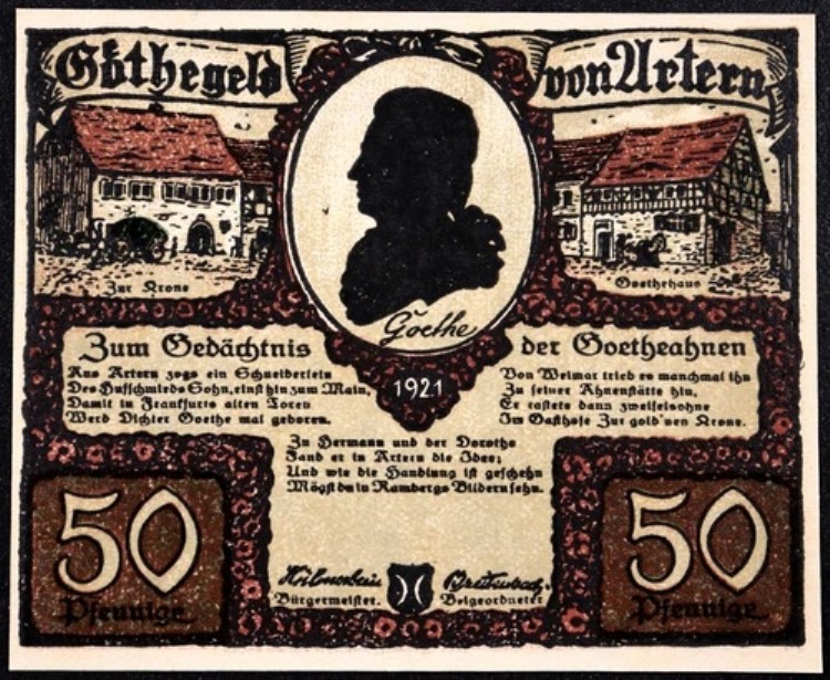ARTERN 1921 XX-レアの有効期限が切れています! 『ゲーテ・ゲルト』 50 フェニヒ・ノットゲルト