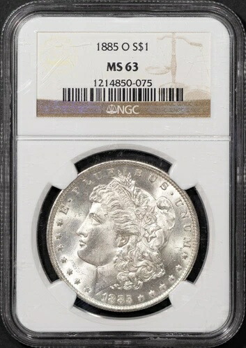 1885-O 1ドルモルガン銀貨 MS 63 NGC # 1214850-075 + ボーナス