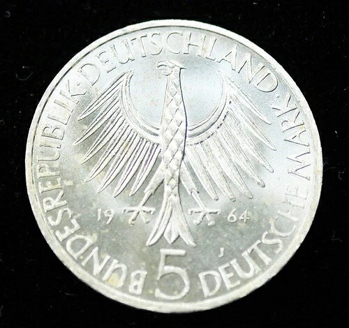 1964年 J ドイツ 記念 ヨハン・ゴットリーブ 銀貨 5マルク BU 送料無料