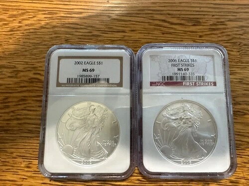 2002年および2006年アメリカンシルバーイーグルドル NGC MS-69 - ファーストストライク＆ブラウンラベル