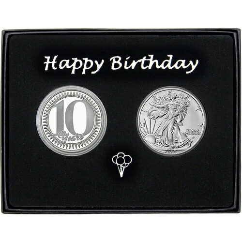 10周年！SilverTowneの1オンス シルバーラウンド＆SAE BUコイン ギフトセット（誕生日おめでとう）