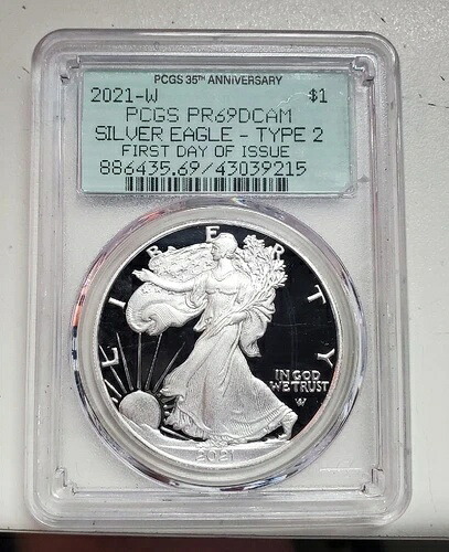 2021-W タイプ2 プルーフ シルバー イーグル PCGS FDI PR69 DCAM-PCGS 35周年記念ラベル