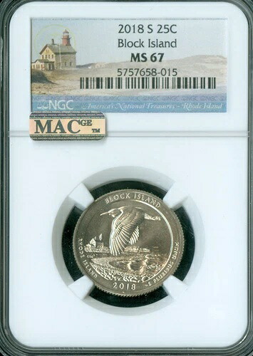 2018 S ブロック アイランド クォーター NGC MS67 PQ MAC スポットレス。