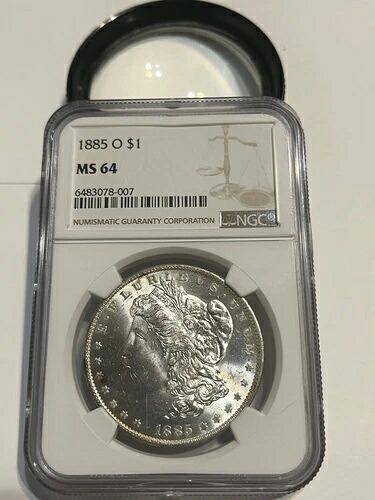1885年 O モルガン銀貨（$1）、NGC認定 MS64、リムの軽度の変色