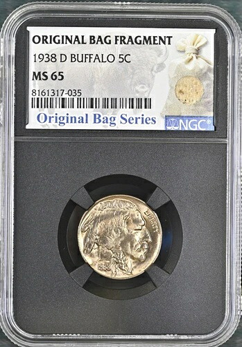 1938-D 5c バッファロー ニッケル - NGC MS 65 オリジナル バッグ フラグメント ラベル 素晴らしい色!