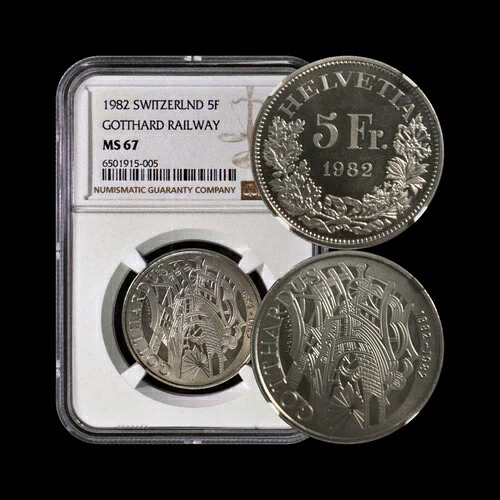 スイス。1982年、5フラン - NGC MS67 - ゴッタルド鉄道、輝くスイス十字｜WORLD RESOURCE【KING店】