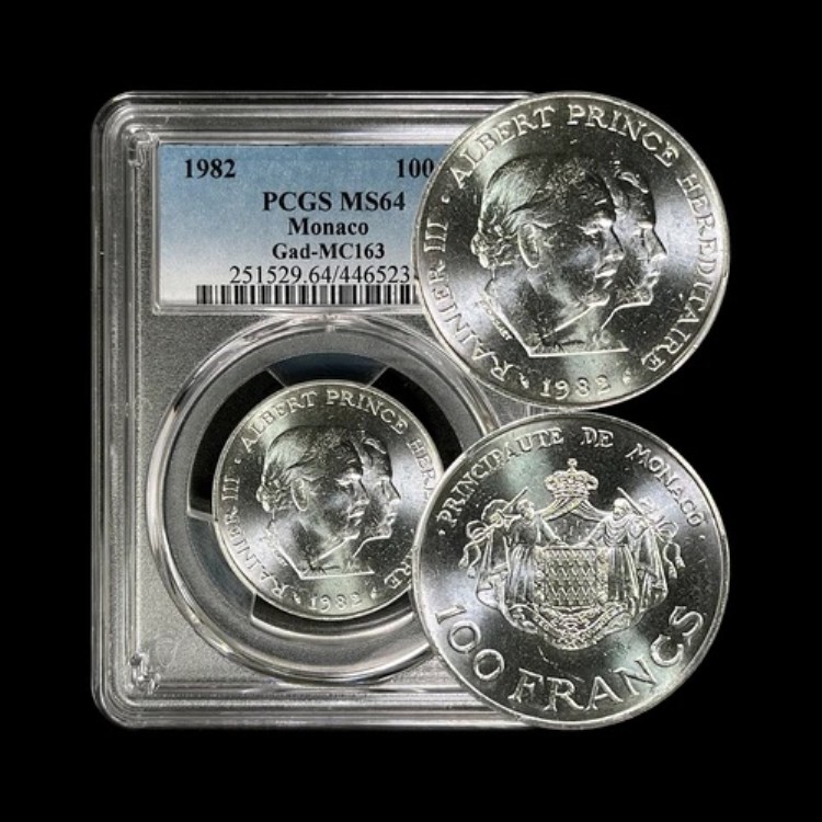 モナコ、1982年、100フラン、銀貨 - PCGS MS64 - レーニエ3世（皇太子）｜WORLD RESOURCE【KING店】