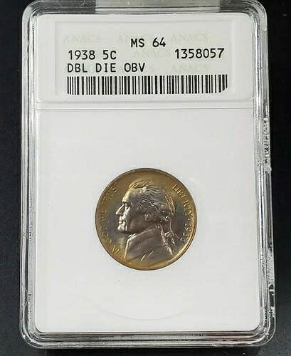 1938年 ジェファーソン・ニッケル バラエティ ANACS MS64 DDO 003 DMR-005 SG B ダイ レインボートーニング