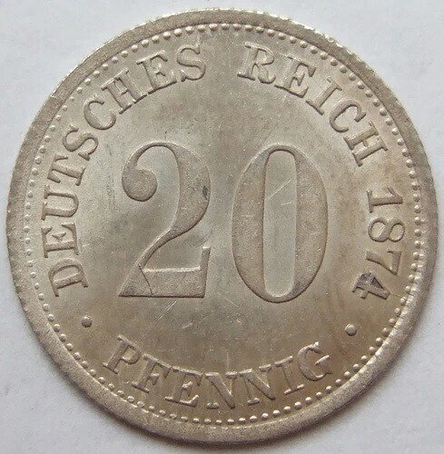 ドイツ帝国銀貨 20ペニヒ 1874年 F 未使用