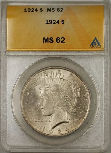 1924年 ピースシルバードルコイン ANACS $1 MS-62 (ライトトーニング 8D)