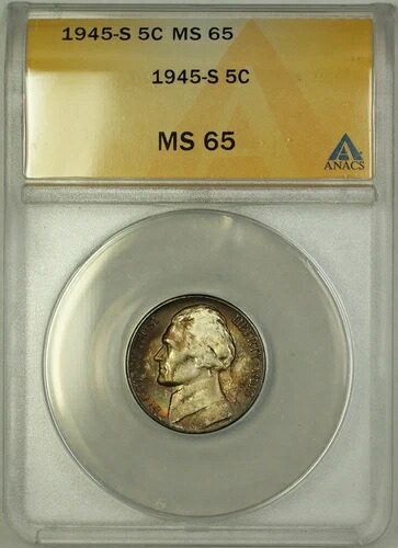 1945-S 戦時中 ジェファーソン シルバー ニッケル 5セント コイン ANACS MS-65 美しい色調