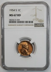 1954-S 小麦セント、NGC認定 5825615-009 MS 67 レッド
