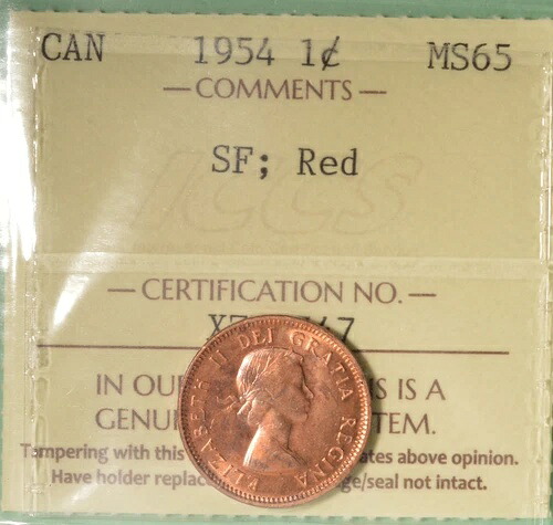 1954年 - カナダ ペニー - ICCS MS-65 RED シリアル番号 XZT 547