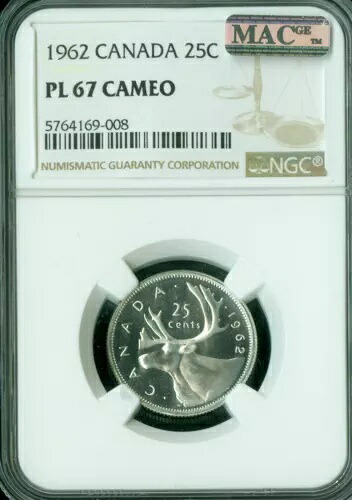 1962年カナダ25セントNGC PL67カメオ2番目に良いMACスポットレス。