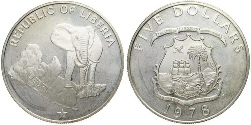 リベリア共和国 - 1978年 5ドル銀貨 - 0.900、34.1g、直径42mm、Km#29