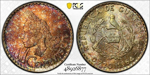 1964年 グアテマラ シルバー 25センターボ PCGS MS67 プリティトーニング ポップトップ 4/0 4469