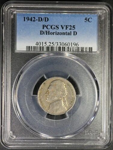 1942-D/D PCGS ジェファーソン ニッケル VF25 VF-25 D 水平 D