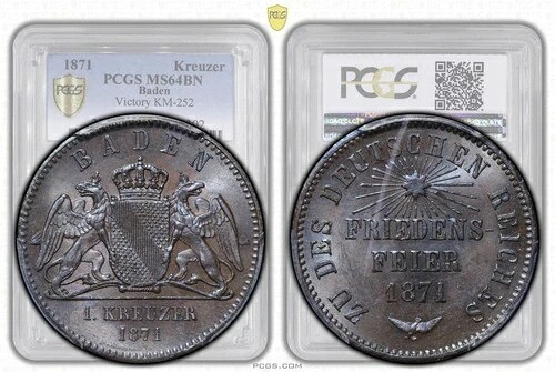 ドイツ、バーデン、フリードリヒ1世、1871年、勝利の女神像、PCGS MS 64 BN