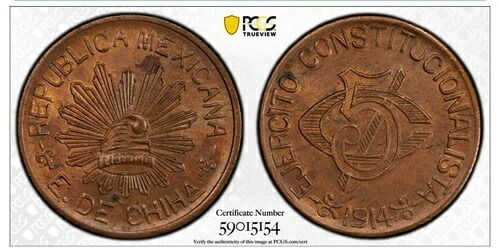 1914年 メキシコ 5センタボ チワワ銅貨 PCGS MS63BN