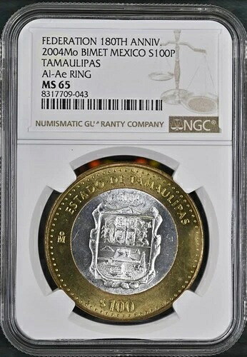 2004 年メキシコ 180 周年記念バイメタル、タマウリパス州、100 ペソ MS65 NGC KM# 692