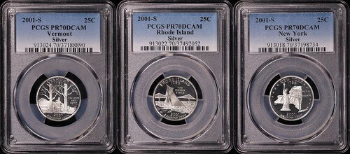 2001-S バーモント州、ロードアイランド州、ニューヨーク州 シルバー クォーター コイン 3枚セット PCGS PR-70 DCAM