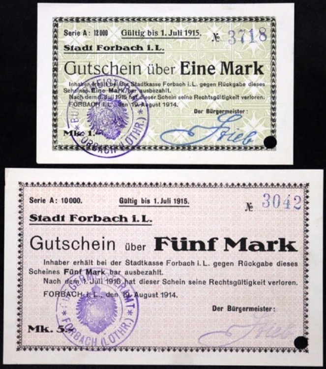 FORBACH 1914 希少 1 + 5 マーク コンプリートセット 第一次世界大戦初期 ドイツ ノットゲルト ロット