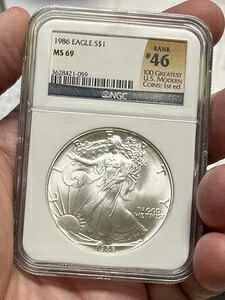 1986年 1ドル アメリカンシルバーイーグル NGC MS69 ランク46 アメリカの現代コイン100選