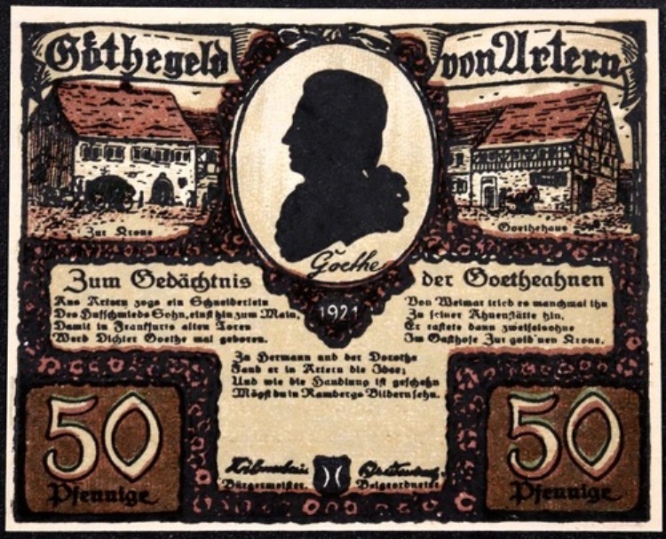 ARTERN 1921 XX-レアの有効期限が切れています! 『ゲーテ・ゲルト』 50 フェニヒ・ノットゲルト