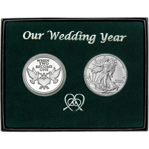 SilverTowneのOur Wedding Year 1オンス シルバー ダブズ ラウンド＆SAE BUコイン ギフトセット