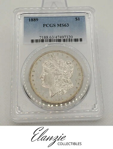 1889-P モルガン銀貨 PCGS MS-63、良好な光沢、新品スラブ、裏面に変色あり