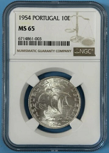ポルトガル 1954年 銀貨 10エスクード ChBU 帆船 NGC MS 65 KM# 586