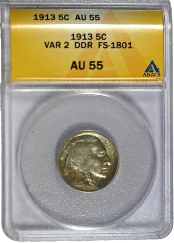 1913 VAR 2 ANACS AU 55 DDR FS-1801 バッファローニッケル - 価格ガイド $170