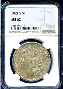 1921 S NGC MS62 モルガン シルバー ダラー $1 米国造幣局 希少日付コイン 1921-S MS-62