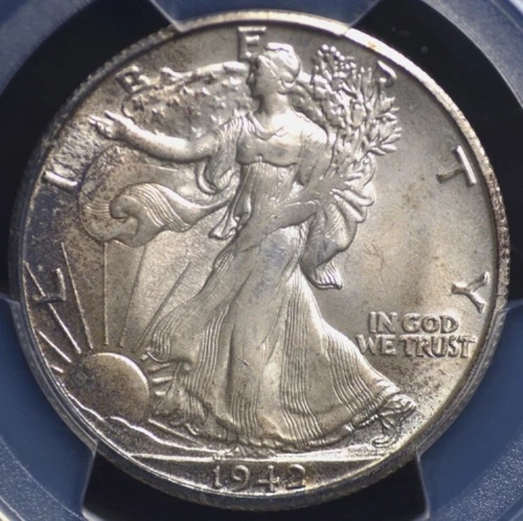 1942年 S ウォーキング・リバティ ハーフダラー PCGS MS 63 シルバーホワイトにスモーキーグレー