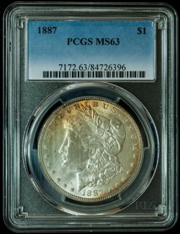 1887-P モルガン銀貨 MS63 ゴールデンイエロートーン表面エッジリム