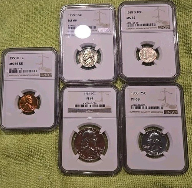 1958年 グレード5コイン H.D PF67、クォーター PF68、ダイム、S66、ニッケル MS66、ペニー MS66 RD