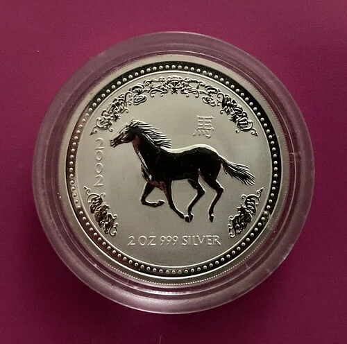 2002年 オーストラリア 2ドル 2オンス .999 銀貨 午年 BU COIN。